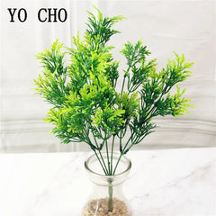 YO CHO Artificial Green Plants 7 Forks Grass Plastic Fake Plant Ferns Grass Green Leaves Forest Twigs Home Garden Hotel Decor