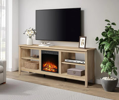 Electric Fireplace TV Stand for 75 Inch TV, Oak TV Console Table with 18 Inch Fireplace Insert Wood Entertainment Center