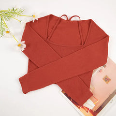 CHRLEISURE Ribbed Seamless Crop Top Women's Long Sleeve Sports Shirt Elastic Slim Workout Tee Outdoor Yoga Shirts Gym Wear