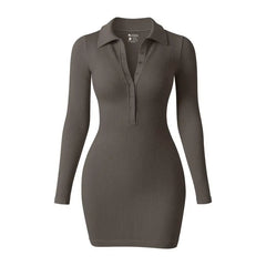 OQQ Women's Collar Solid Buttons Down Long Sleeve V-Ne Dress Womenswear Casual