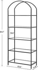 Homhedy 5-Tier Bookshelf Arched Display Racks, Metal Bookcase, Tempered Glass Shelves, Storage Rack Shelf For Home Office,