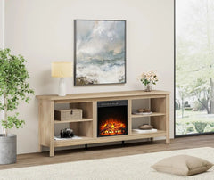 Electric Fireplace TV Stand for 75 Inch TV, Oak TV Console Table with 18 Inch Fireplace Insert Wood Entertainment Center