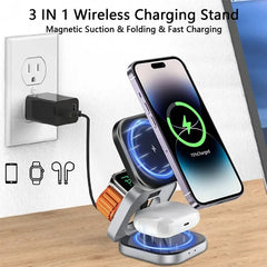 3 In 1 Foldable Magnetic Wireless Charger Stand For iPhone 15 14 13 Pro Max IWatch AirPods 3/2 Station Dock Fast Charging Holder