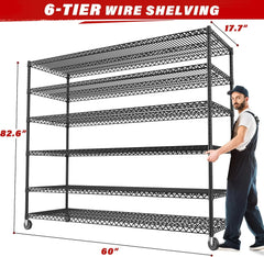 60''W X 82.6" H Steel Heavy Duty Wire Shelving Unit with Wheels, 6-Tier Adjustable Storage Shelves