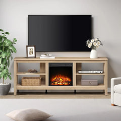 Electric Fireplace TV Stand for 75 Inch TV, Oak TV Console Table with 18 Inch Fireplace Insert Wood Entertainment Center