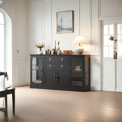 Accent Buffet Cabinet with 2 Glass Doors,Credenza with Two Drawers and Adjustable and Shelves, home decor and accessories ,Black