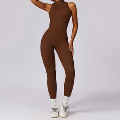 V Back One-piece Suit Women Sports Jumpsuit Zippers Yoga Rompers Backless Sportswear Women Sleeveles Workout Bodysuits Female