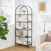 Homhedy 5-Tier Bookshelf Arched Display Racks, Metal Bookcase, Tempered Glass Shelves, Storage Rack Shelf For Home Office,