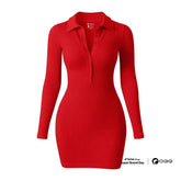 OQQ Women's Collar Solid Buttons Down Long Sleeve V-Ne Dress Womenswear Casual