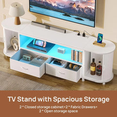 TV Stand for 55 60 Inch TV, Entertainment Center with Power Outlet and LED, 2 Fabric Drawers TVs Console with 2 Cabinet
