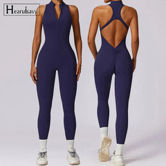 V Back One-piece Suit Women Sports Jumpsuit Zippers Yoga Rompers Backless Sportswear Women Sleeveles Workout Bodysuits Female