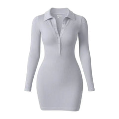 OQQ Women's Collar Solid Buttons Down Long Sleeve V-Ne Dress Womenswear Casual