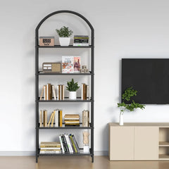 Homhedy 5-Tier Bookshelf Arched Display Racks, Metal Bookcase, Tempered Glass Shelves, Storage Rack Shelf For Home Office,