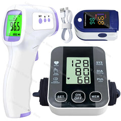 Medical Arm Blood Pressure Meter Tensiometers Tonometer Cuff Fever Thermometer Oximeter Heart Rate 3 IN 1 Set