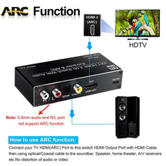 4K HDMI Switcher Audio Extractor 2 in 1 Out Selector with R/L Toslink SPDIF COAXIAL Audio out HDMI ARC Audio Switch 2x1 Adapter