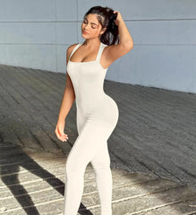 2024 New Fashion Solid Sleeveless Square Collar High Waist Hip Lift Slim Sexy Sports Jumpsuit Women's One-piece Set