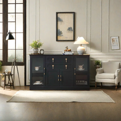 Accent Buffet Cabinet with 2 Glass Doors,Credenza with Two Drawers and Adjustable and Shelves, home decor and accessories ,Black