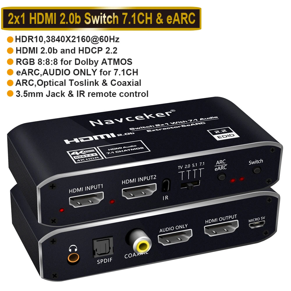 4K HDMI Switcher Audio Extractor 2 in 1 Out Selector with R/L Toslink SPDIF COAXIAL Audio out HDMI ARC Audio Switch 2x1 Adapter