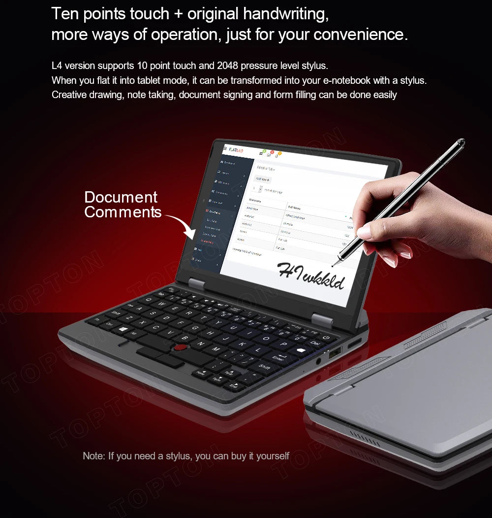 Topton Fanless Mini Pocket Laptop 7 Inch Touch Screen Intel N4000 12GB DDR4 Computer Office Ultrabook Notebook 2.0MP Windows 11