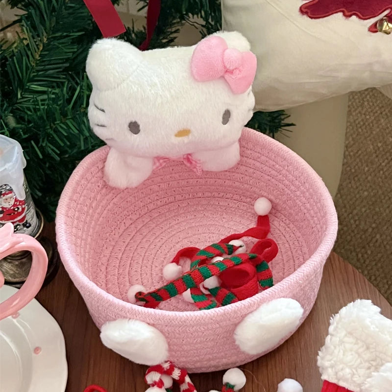 Japanese Kawaii Hello Kitty Storage Basket Cute Harajuku Charm Cosmetics Toys Storage Box Bedroom Decoration Birthday Gift Pink
