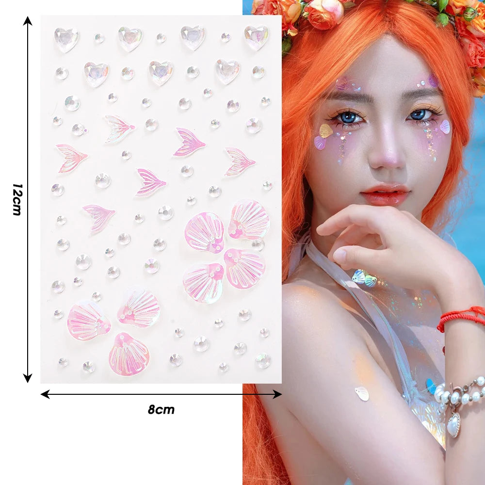 1-6pcs 3D Acrylic Diamond Stickers Butterfly Crystal Patch Face Paste Stage Makeup Rhinestones Jewelry Mermaid Pearl Tattoo
