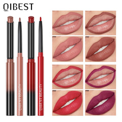 QIBEST Lipstick Lipliner Pen Set Matte Velvet Nude Lip Liner Pencil Contour Makeup Sexy Red Lip Stick Long Lasting Cosmetics