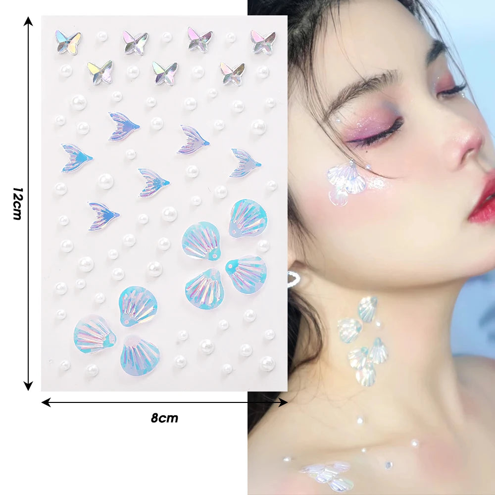 1-6pcs 3D Acrylic Diamond Stickers Butterfly Crystal Patch Face Paste Stage Makeup Rhinestones Jewelry Mermaid Pearl Tattoo