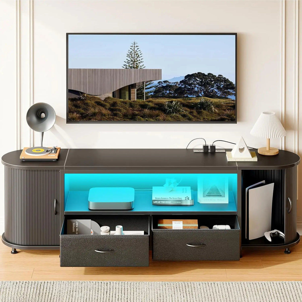 TV Stand for 55 60 Inch TV, Entertainment Center with Power Outlet and LED, 2 Fabric Drawers TVs Console with 2 Cabinet