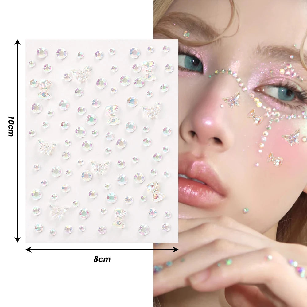 1-6pcs 3D Acrylic Diamond Stickers Butterfly Crystal Patch Face Paste Stage Makeup Rhinestones Jewelry Mermaid Pearl Tattoo