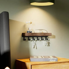 Wooden 6 Hooks Garden Style Floating Shelf Key Holder Wall-Mounted Key Rack Organizer for Entryway Bedroom Versatile Home Decor