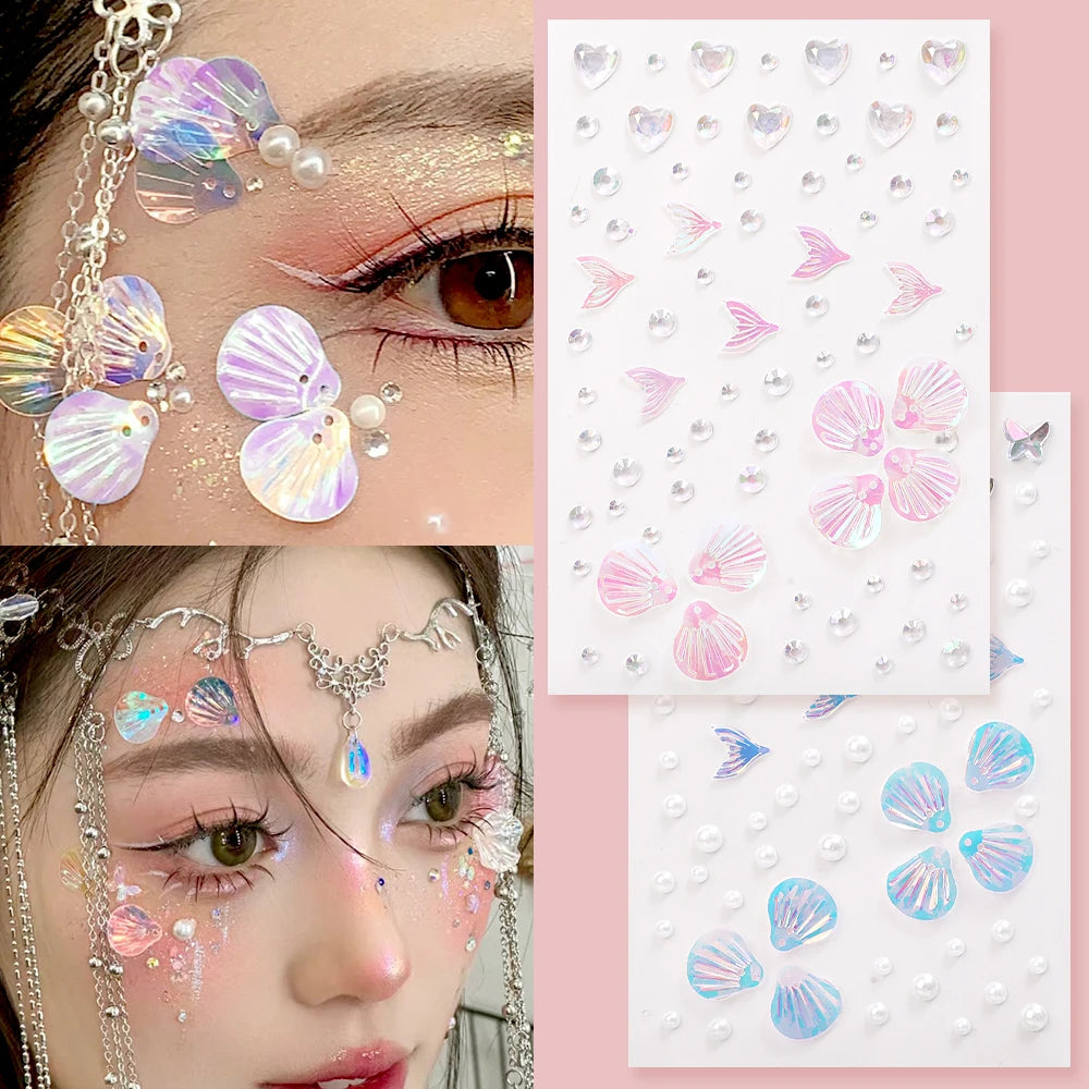 1-6pcs 3D Acrylic Diamond Stickers Butterfly Crystal Patch Face Paste Stage Makeup Rhinestones Jewelry Mermaid Pearl Tattoo