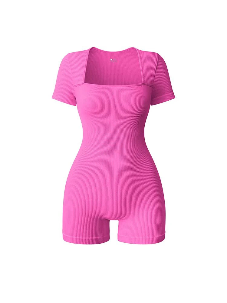 Summer Short-sleeved Square Neck Women's Sportswear High Waist Tight Peach  Butt Yoga Fitness Suit Fashionable Sports Jumpsuit