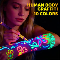 10 Colors UV Glow Face Body Paint Markers,Neon Glow in The Dark Under Black Light,Non-Toxic Washable Body Painting Pen for Party