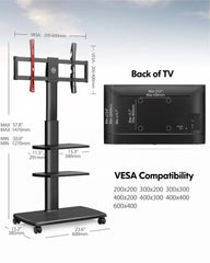 Mobile TV Cart on Wheels for 32-65 Flat/Curved TVs, Rolling TV Stand with Lockable Wheels & Wooden Base, Modern Black TV Mount