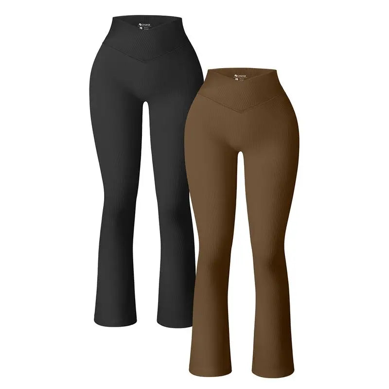 OQQ Women's 2 Piece Flare Pants Ribbed Seamless Workout High Waist and Cross Over Bell Tummy Control Bottoms Basic Comfort Exerc