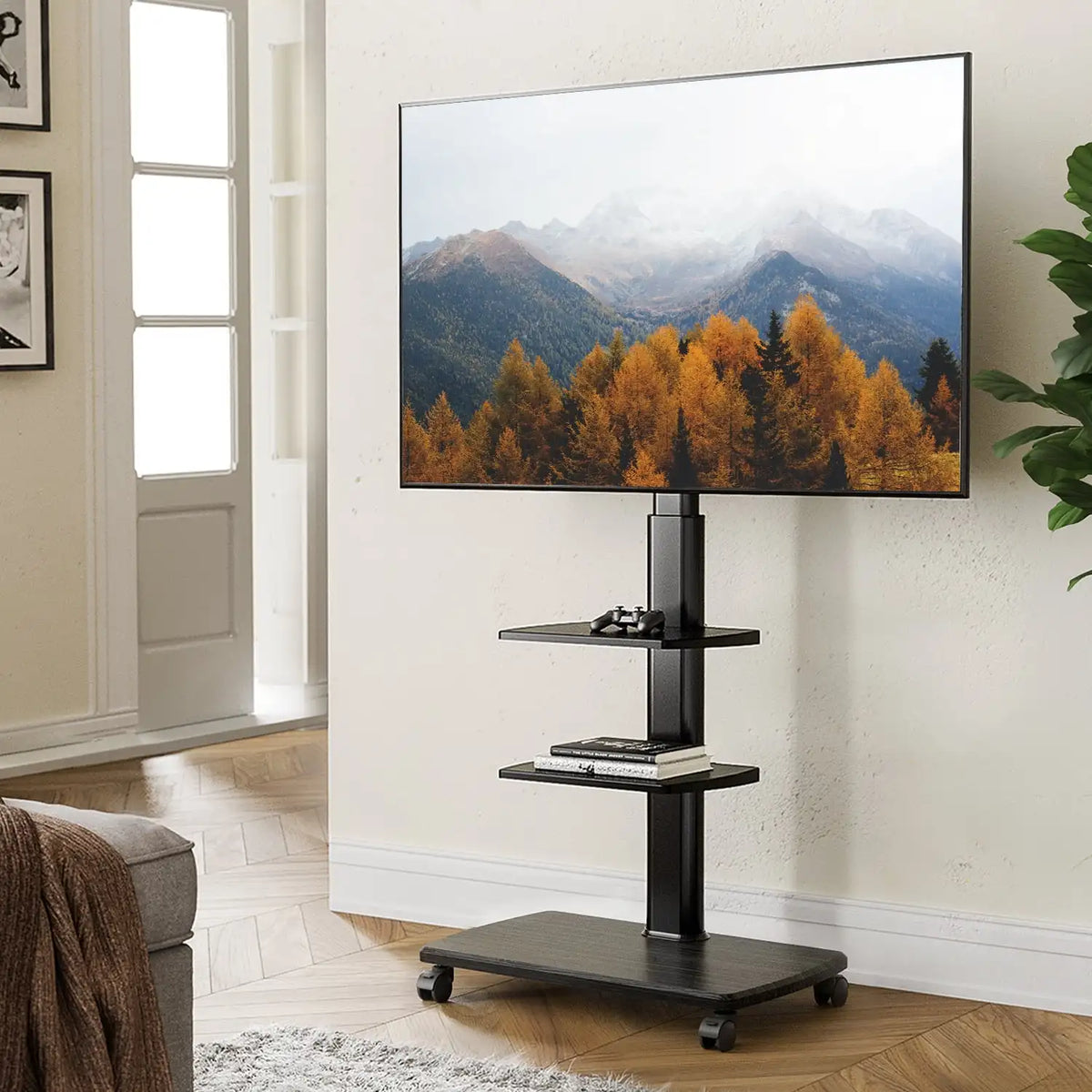 Mobile TV Cart on Wheels for 32-65 Flat/Curved TVs, Rolling TV Stand with Lockable Wheels & Wooden Base, Modern Black TV Mount