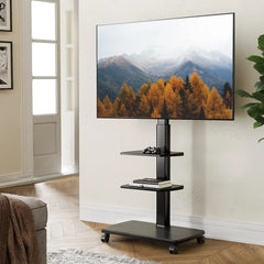 Mobile TV Cart on Wheels for 32-65 Flat/Curved TVs, Rolling TV Stand with Lockable Wheels & Wooden Base, Modern Black TV Mount