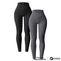 OQQ Women's 2 Piece High Waist Cross Over Yoga Leggings Ribbed Seamless Workout Athletic Exercise Leggings