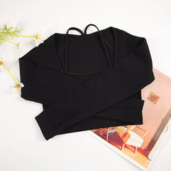 CHRLEISURE Ribbed Seamless Crop Top Women's Long Sleeve Sports Shirt  Elastic Slim Workout Tee Outdoor Yoga Shirts Gym Wear