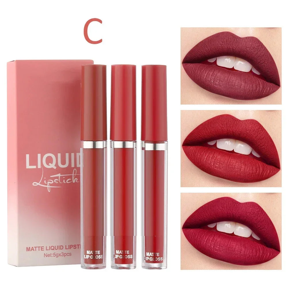 3pcs Velvet Matte Lip Gloss Set Waterproof Long-wear Liquid Lipstick Lip Colour Lips Daily Makeup Women Cosmetics