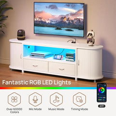 TV Stand for 55 60 Inch TV, Entertainment Center with Power Outlet and LED, 2 Fabric Drawers TVs Console with 2 Cabinet