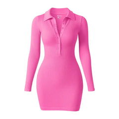 OQQ Women's  Collar Solid Buttons Down Long Sleeve V-Ne Dress Womenswear Casual