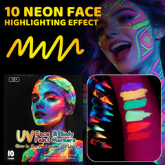 10 Colors UV Glow Face Body Paint Markers,Neon Glow in The Dark Under Black Light,Non-Toxic Washable Body Painting Pen for Party