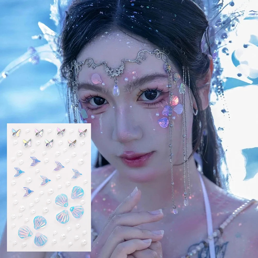 1-6pcs 3D Acrylic Diamond Stickers Butterfly Crystal Patch Face Paste Stage Makeup Rhinestones Jewelry Mermaid Pearl Tattoo