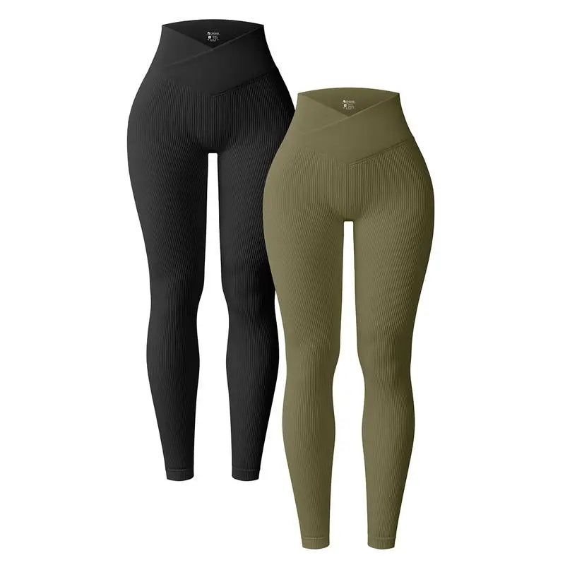 OQQ Women's 2 Piece High Waist Cross Over Yoga Leggings Ribbed Seamless Workout Athletic Exercise Leggings