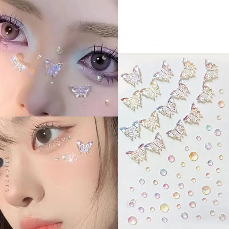 1-6pcs 3D Acrylic Diamond Stickers Butterfly Crystal Patch Face Paste Stage Makeup Rhinestones Jewelry Mermaid Pearl Tattoo