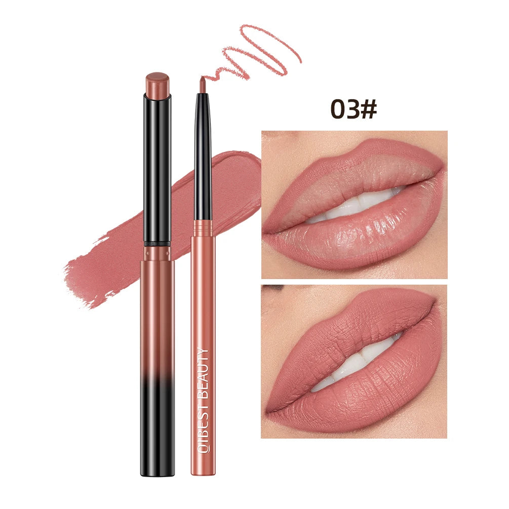 QIBEST Lipstick Lipliner Pen Set Matte Velvet Nude Lip Liner Pencil Contour Makeup Sexy Red Lip Stick Long Lasting Cosmetics