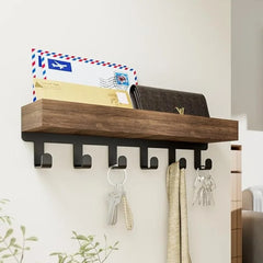 Wooden 6 Hooks Garden Style Floating Shelf Key Holder Wall-Mounted Key Rack Organizer for Entryway Bedroom Versatile Home Decor