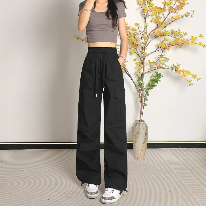 Fashion Women Baggy Joggers Pants Casual Communte Female Chic Straight Cargo Pant Elastic High Waist Elegant Oversized Trousers