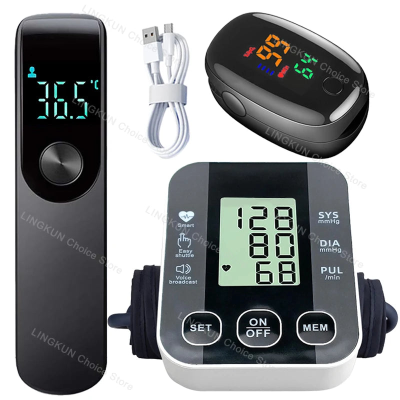 Medical Arm Blood Pressure Meter Tensiometers Tonometer Cuff Fever Thermometer Oximeter Heart Rate 3 IN 1 Set